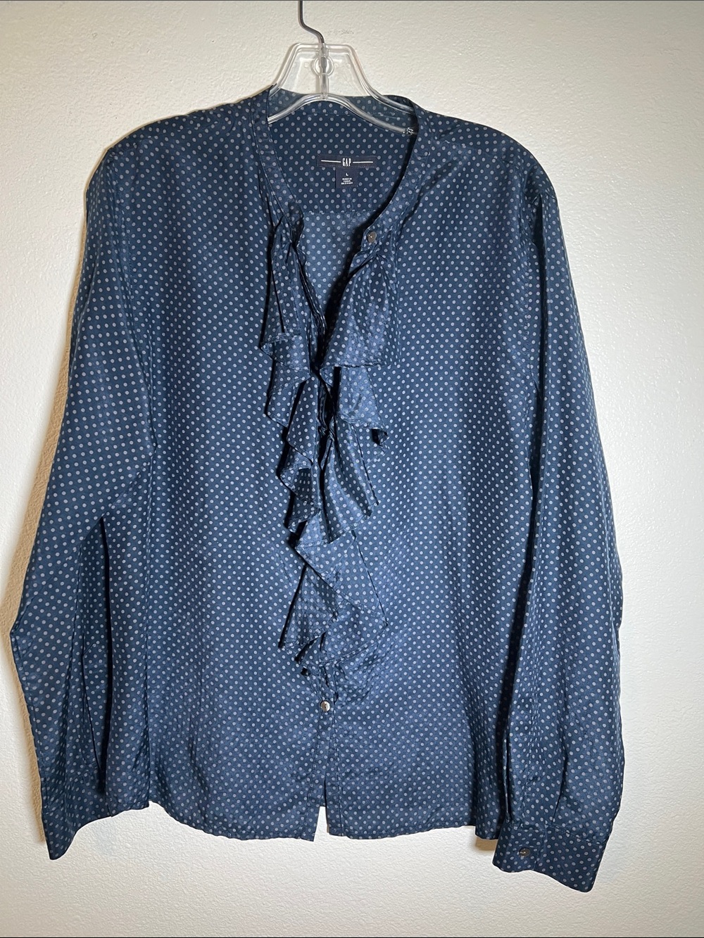 GAP Navy Dot Ruffle Front Blouse Size L